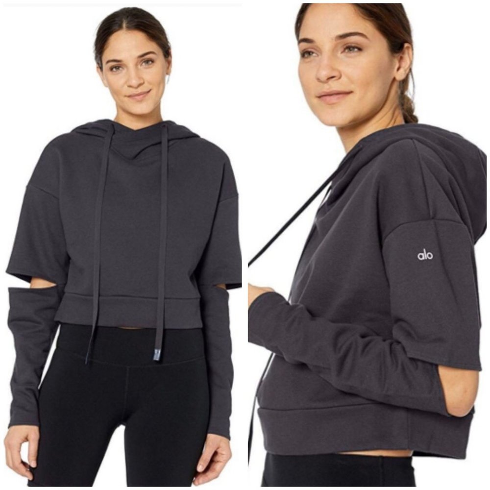 NWT Alo Yoga Peak Long Sleeve Crop Pullover Hoodie Grey Women's XS